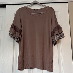 HEIMISH USA Brown Ruffle Sleeve Tee with Leopard Accents
